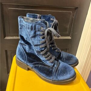 Blue Velvet Lace-Up Ankle Boots